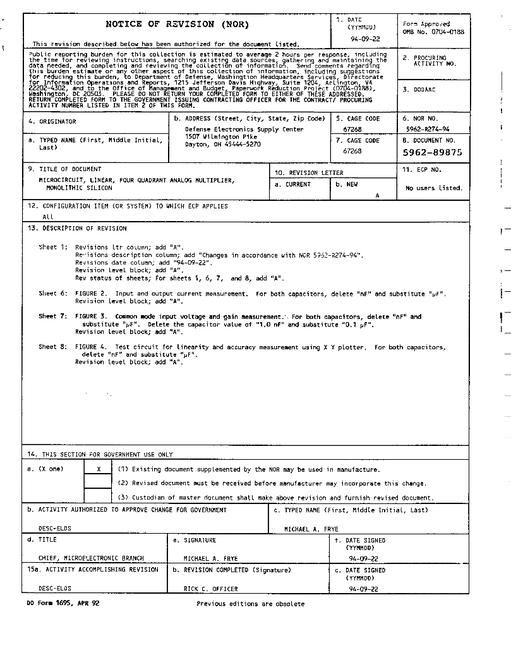 MIL DESC 5962-89875 Notice A - Revision