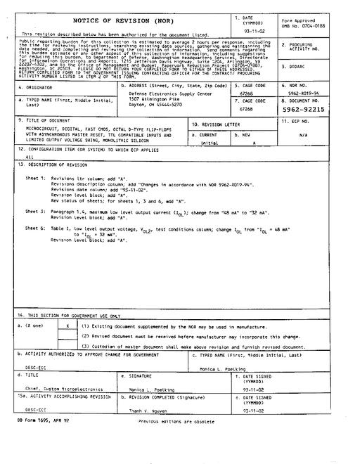 MIL DESC 5962-92215 Notice A - Revision