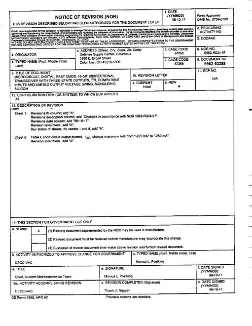 MIL DESC 5962-92258 Notice A - Revision