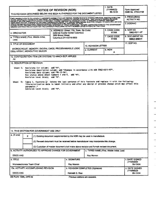 MIL DESC 5962-95611 Notice A - Revision