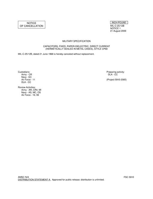 MIL MIL-C-25/12B Notice 1 - Cancellation