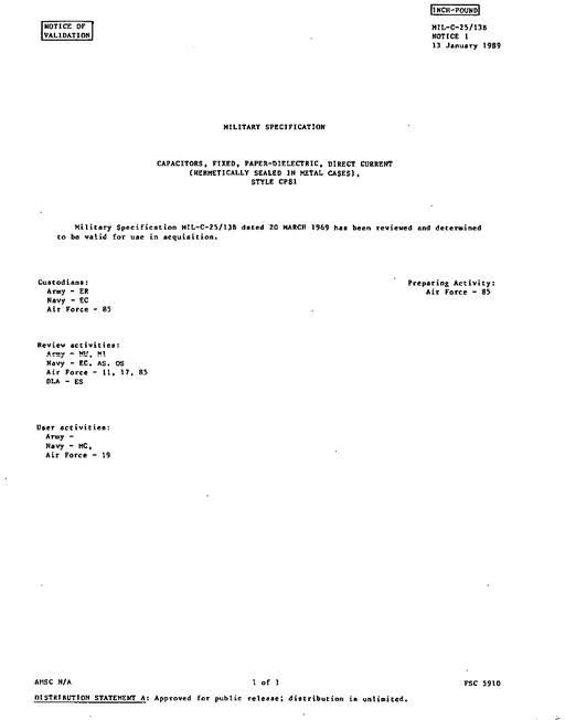 MIL MIL-C-25/12B Notice 1 - Validation