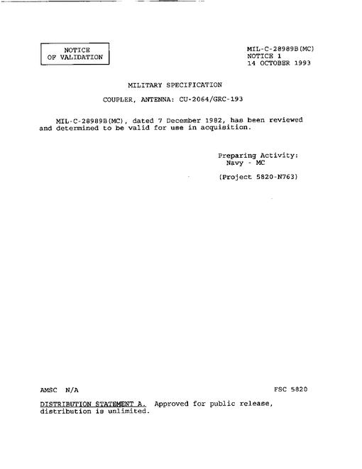MIL MIL-C-28989B Notice 1 - Validation
