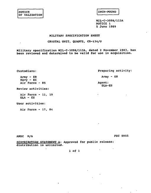 MIL MIL-C-3098/113A Notice 1 - Validation