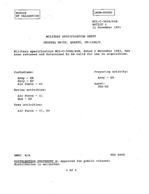 MIL MIL-C-3098/86B Notice 1 - Validation