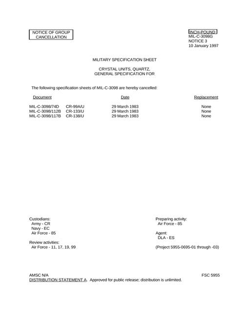 MIL MIL-C-3098/98E Notice 1 - Cancellation