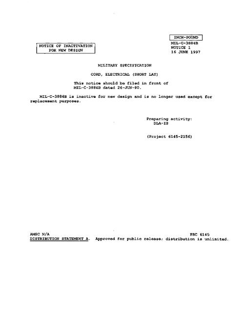 MIL MIL-C-3884B Notice 1 - Inactivation