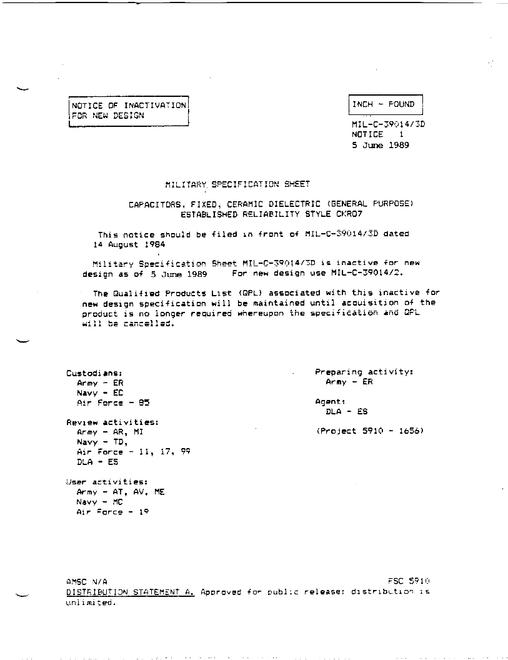 MIL MIL-C-39014/3D Notice 1 - Inactivation