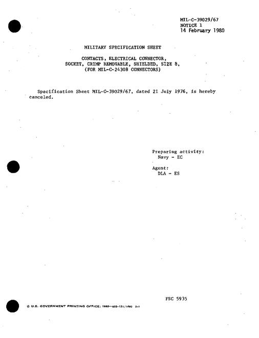MIL MIL-C-39029/67 Notice 1 - Cancellation