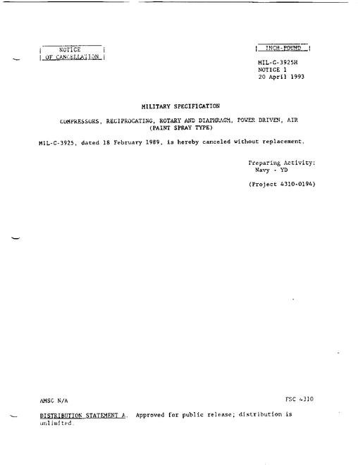 MIL MIL-C-3925H Notice 1 - Cancellation