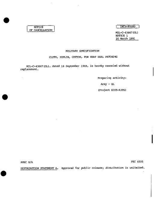 MIL MIL-C-43667 Notice 1 - Cancellation