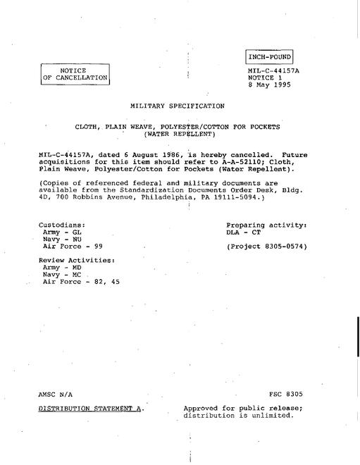 MIL MIL-C-44157A Notice 1 - Cancellation