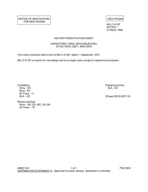MIL MIL-C-5/12F Notice 1 - Inactivation