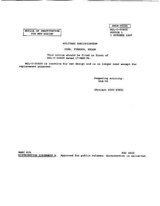 MIL MIL-C-5040H Notice 1 - Inactivation
