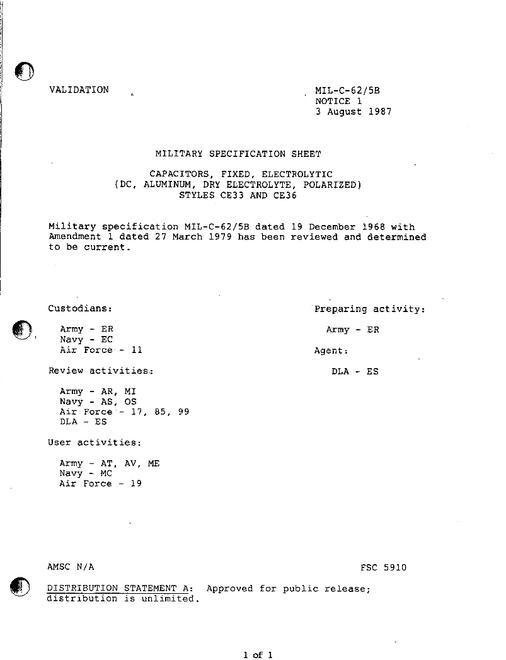 MIL MIL-C-62/5B Notice 1 - Validation 1