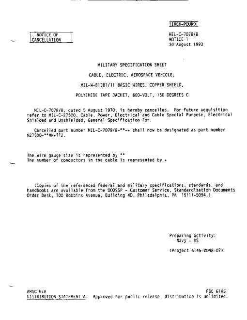 MIL MIL-C-7078/8 Notice 1 - Cancellation