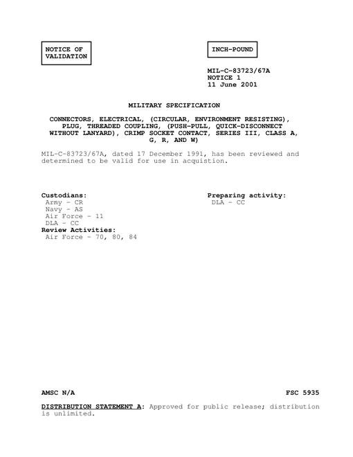 MIL MIL-C-83723/67A Notice 1 - Validation