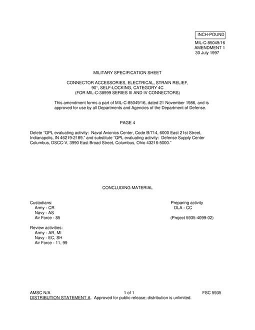 MIL MIL-C-85049/16 Amendment 1