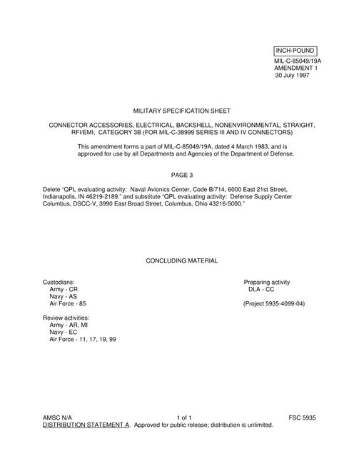 MIL MIL-C-85049/19A Amendment 1