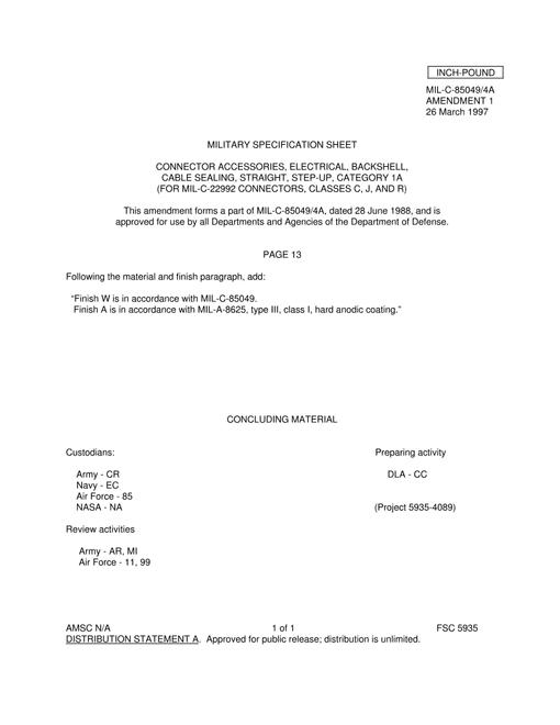 MIL MIL-C-85049/4A Amendment 1