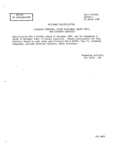 MIL MIL-C-87159A Notice 1 - Cancellation