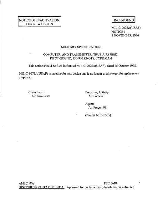 MIL MIL-C-9075A Notice 1 - Inactivation