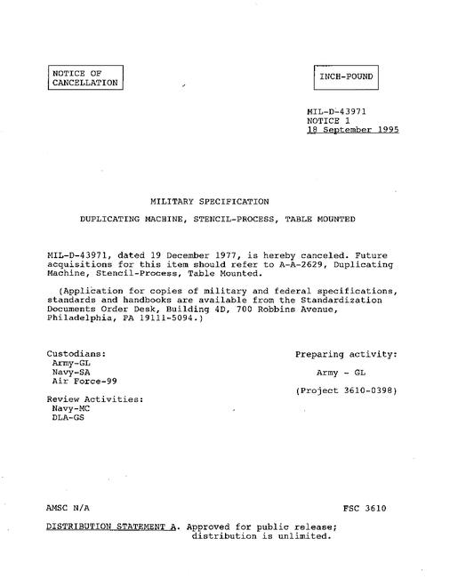 MIL MIL-D-43971 Notice 1 - Cancellation