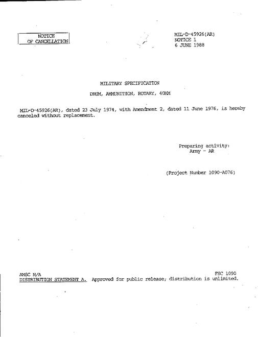 MIL MIL-D-45926 Notice 1 - Cancellation