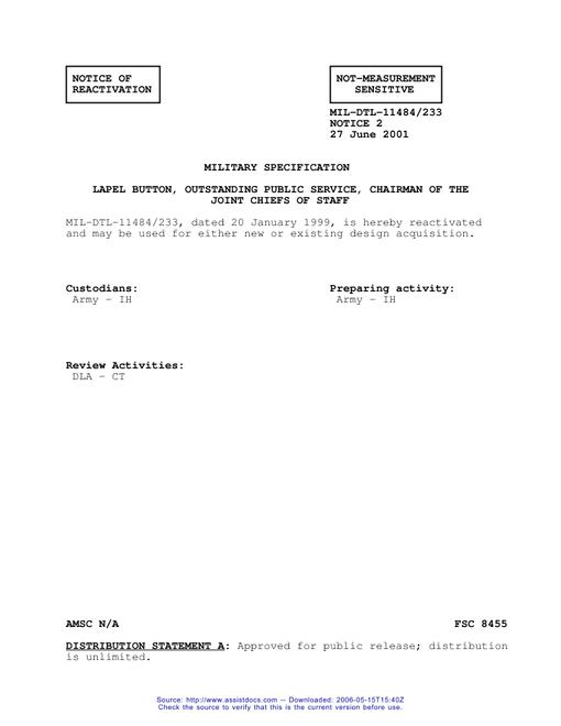 MIL MIL-DTL-11484/233 Notice 2 - Reactivation