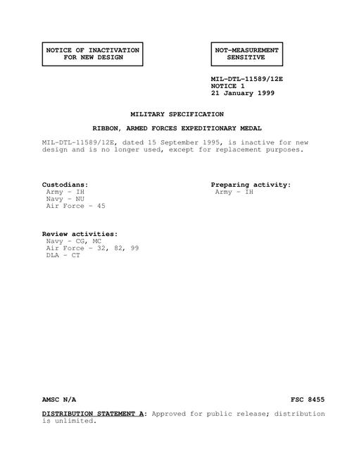 MIL MIL-DTL-11589/12E Notice 1 - Inactivation