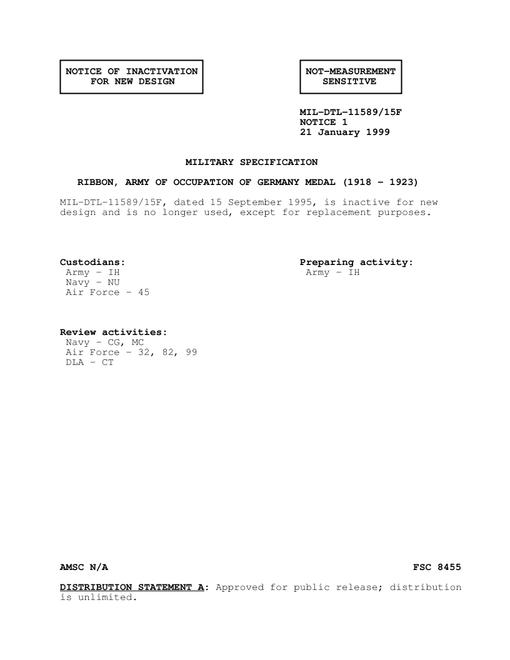 MIL MIL-DTL-11589/15F Notice 1 - Inactivation