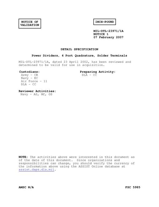 MIL MIL-DTL-23971/1A Notice 1 - Validation