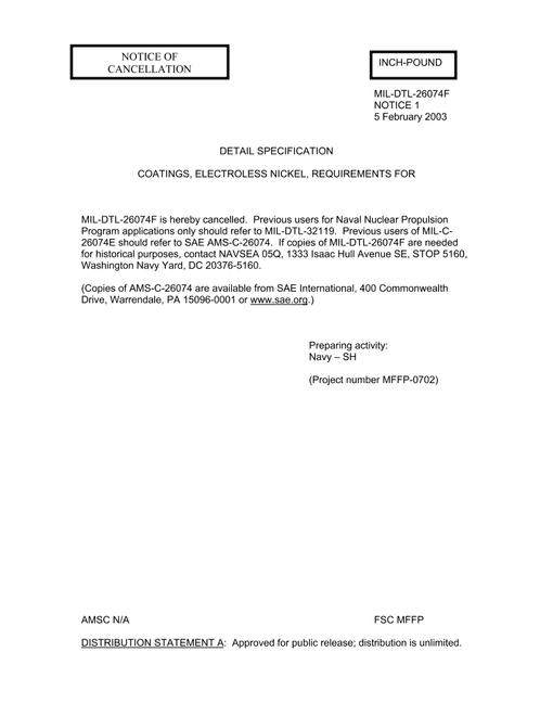 MIL MIL-DTL-26074F Notice 1 - Cancellation