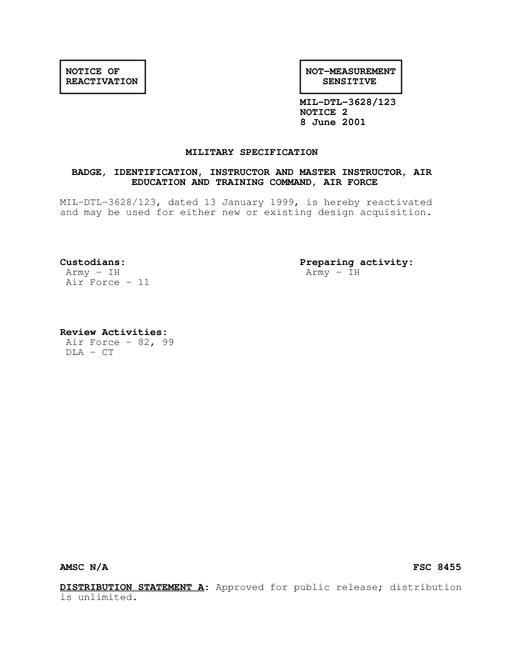 MIL MIL-DTL-3628/123 Notice 2 - Reactivation