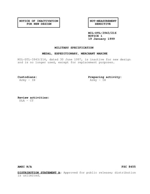 MIL MIL-DTL-3943/216 Notice 1 - Inactivation