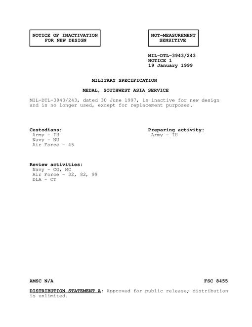 MIL MIL-DTL-3943/243 Notice 1 - Inactivation