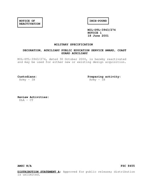 MIL MIL-DTL-3943/274 Notice 1 - Reactivation