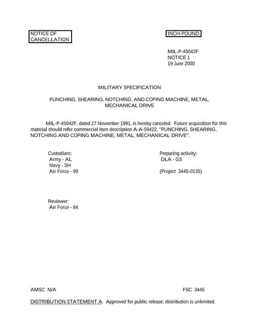 MIL MIL-P-45042F Notice 1 - Cancellation