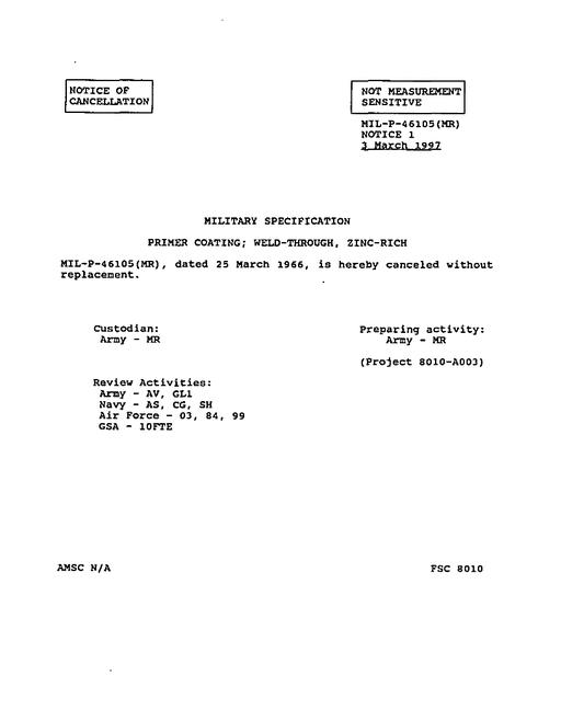 MIL MIL-P-46105 Notice 1 - Cancellation