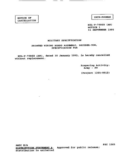 MIL MIL-P-70868 Notice 1 - Cancellation
