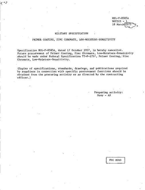 MIL MIL-P-8585A Notice 1 - Cancellation