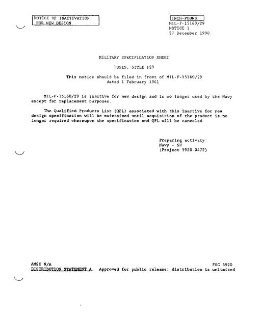MIL MIL-PRF-15160/29 Notice 1 - Inactivation