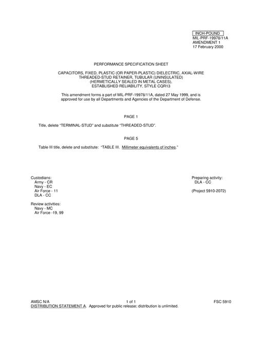 MIL MIL-PRF-19978/11A Amendment 1