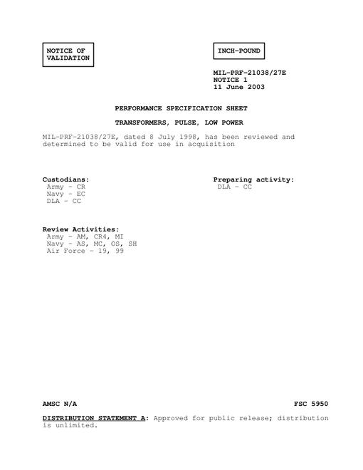MIL MIL-PRF-21038/27E Notice 1 - Validation 1