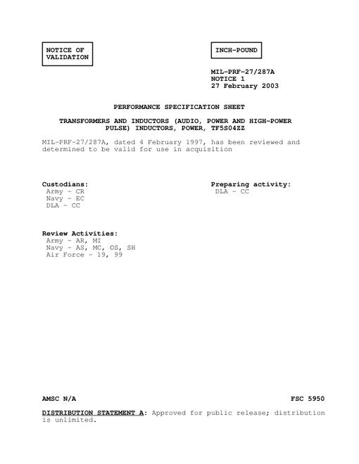 MIL MIL-PRF-27/287A Notice 1 - Validation
