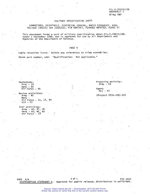 MIL MIL-PRF-39012/108 Amendment 1
