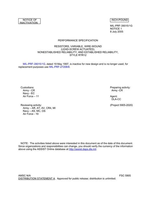 MIL MIL-PRF-39015/1G Notice 1 - Inactivation