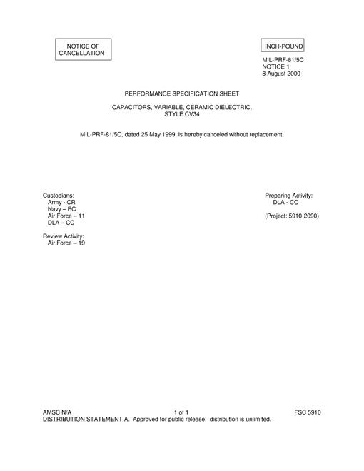 MIL MIL-PRF-81/5C Notice 1 - Cancellation