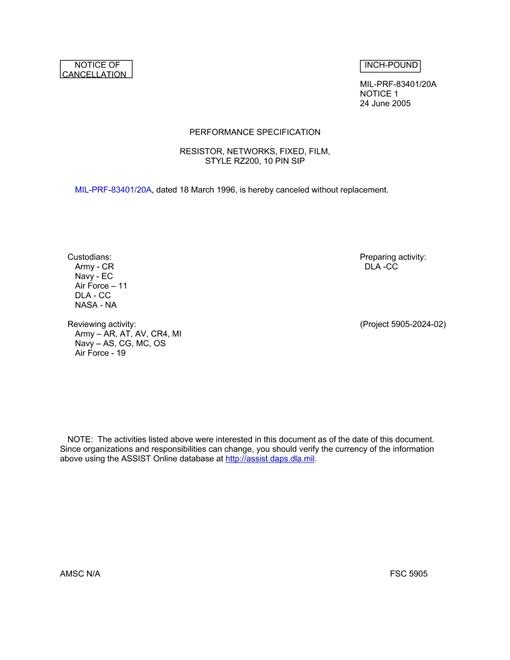 MIL MIL-PRF-83401/20A Notice 1 - Cancellation