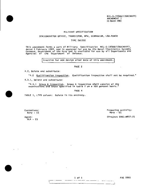 MIL MIL-S-19500/136A Amendment 1